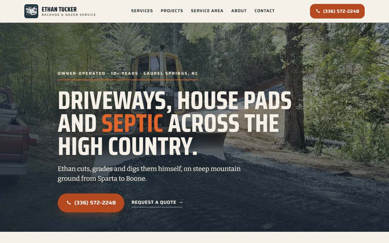 Home page of the Ethan Tucker Backhoe & Dozer Service website